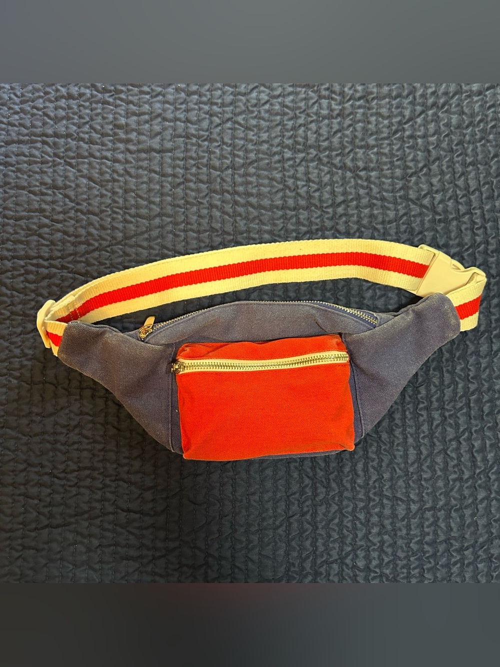 Mad Love Blue Canvas Fanny Pack with Red Pocket and Striped Adjustable Strap